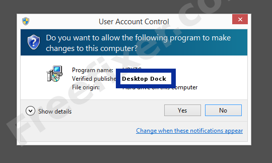 Screenshot where Desktop Dock appears as the verified publisher in the UAC dialog